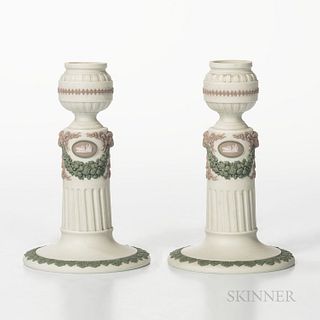 Pair of Wedgwood Tricolor Jasper Candlesticks, England, late 19th century, solid white with applied relief in lilac, green and white wi