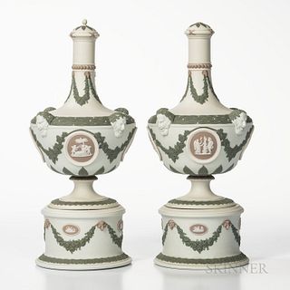 Pair of Wedgwood Tricolor Jasper Barber Bottles on Stands, England, mid 19th century, solid white with applied lilac, green and white,