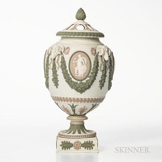 Wedgwood Tricolor Jasper Potpourri and Cover, England, late 19th/early 20th century, solid white jasper with applied lilac, green and w