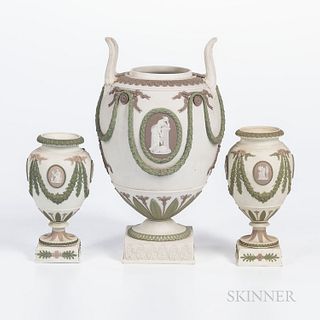 Three Wedgwood Tricolor Jasper Vases, England, late 19th/early 20th century, each solid white with applied lilac, green and white relie