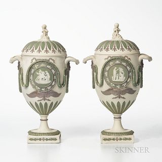 Pair of Wedgwood Tricolor Jasper Zodiac Vases and Covers, England, 19th century, each solid white with applied lilac, green and white r