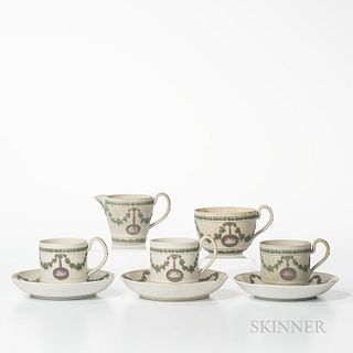Five Wedgwood Tricolor Jasper Tea Wares, England, 19th century, each solid white with applied lilac, green, and white relief, classical