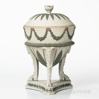 Wedgwood Tricolor Jasper Tripod Vase and Cover, England, 19th century, solid white with applied lilac and green relief, floral festoons