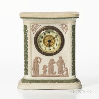 Wedgwood Tricolor Jasper Clock Case, England, late 19th century, solid white body with applied lilac and green relief, classical figure