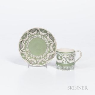 Wedgwood Tricolor Jasper Dip Coffee Can and Saucer, England, mid-19th century, green ground with lilac medallions and white relief with