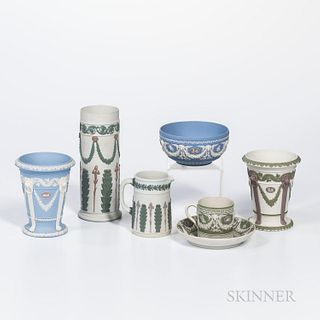 Six Wedgwood Tricolor Jasper Items, England, 19th century, two solid blue ground with lilac and white, a bowl, dia. 4 3/4; and vase, ht