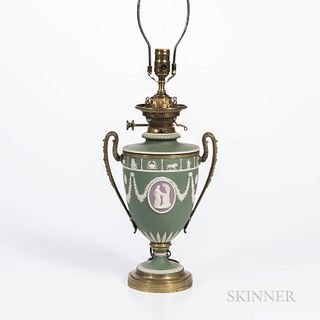 Wedgwood Tricolor Jasper Dip Zodiac Table Lamp, England, 19th century, bronze mounts to a green ground with oval lilac medallions and a