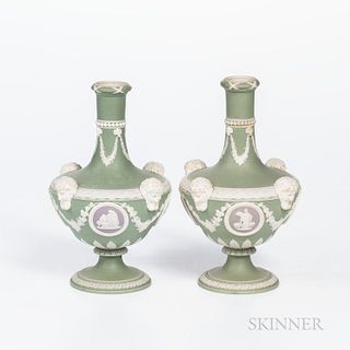 Pair of Wedgwood Tricolor Jasper Dip Barber Bottles, England, 19th century, green ground with lilac medallions and applied relief inclu