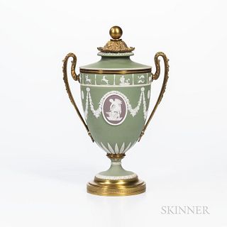 Bronze-mounted Wedgwood Tricolor Jasper Dip Zodiac Vase, England, 19th century, green ground with lilac medallions and applied white fi