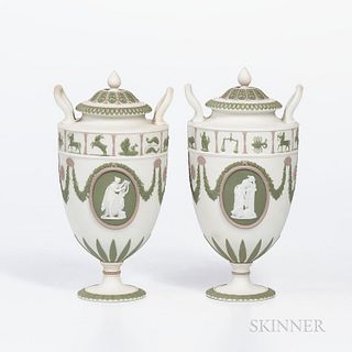 Pair of Wedgwood Tricolor Jasper Zodiac Vases and Covers, England, late 19th century, white ground with applied green, lilac and white