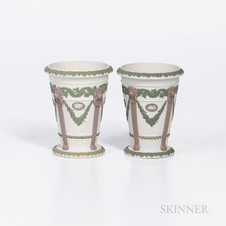 Pair of Wedgwood Tricolor Jasper Vases, England, 19th century, each solid white ground with applied relief in white, lilac and green fe