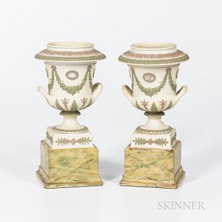 Pair of Wedgwood Tricolor Jasper Vases, England, 19th century, each solid white with relief in lilac and green, oval medallions within