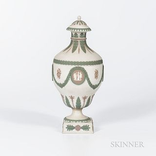 Wedgwood Tricolor Jasper Vase and Cover, England, late 19th century, solid white ground with classical, floral and foliate relief in li