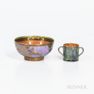 Two Wedgwood Lustre Items, England, c. 1920, a three-handled cup with gilt butterflies to a mottled green exterior, orange interior, ht