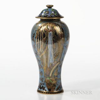Wedgwood Fairyland Lustre Candlemas Vase and Cover, England, c. 1920, Z5157, shape 2046, printed mark, ht. 11 in.