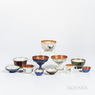Eleven Wedgwood Lustre Items, England, c. 1920, two melba cups, butterflies to a mother-of-pearl exterior with butterfly to mottled ora