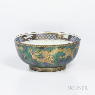 Wedgwood Dragon Lustre Imperial Bowl, England, c. 1920, circular shape with gilt dragons to a mottled green ground, mother-of-pearl int