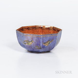 Wedgwood Hummingbird Lustre Bowl, England, c. 1920, octagonal shape with gilt and colored birds to a mottled blue exterior, mottled ora