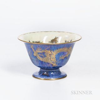 Wedgwood Dragon Lustre Antique Center Bowl, England, c. 1920, gilt dragons to a mottled blue exterior, mother-of-pearl interior with gi