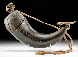 19th C. American Buffalo Horn and Leather Powder Horn