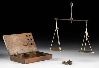 19th C. Spanish Brass Scale w/ Weights, Wood Case