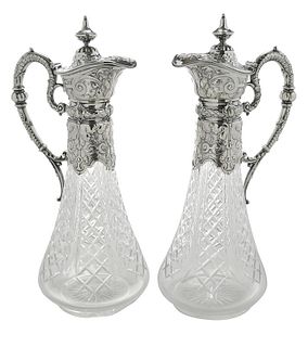 Pair of German Cut Glass Decanters with Silver Tops