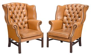 Pair Chippendale Style Tufted Leather Wing Chairs
