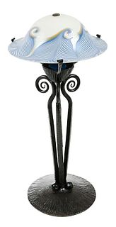 Blue Quezal Art Glass Shade, Bronze Table Lamp 