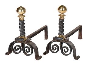 Pair Baroque Brass and Wrought Iron Andirons