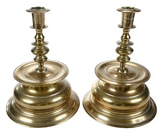 Pair German Brass Bell Base Candlesticks