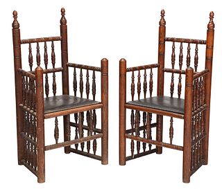 Pair Early American Style Turned Carver Chairs