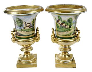 Pair of Paris Porcelain Campana Urn Vases
