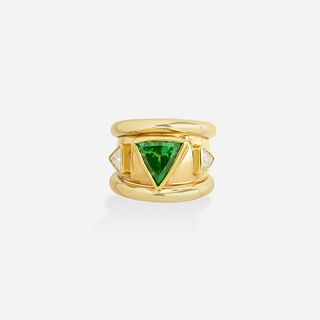 Grossular green garnet, diamond, and bicolor gold ring