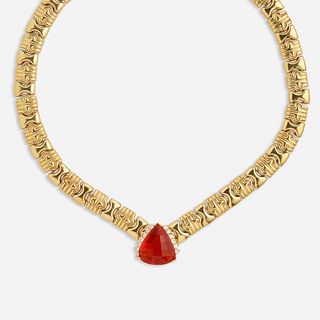 Fire opal, diamond, and gold necklace