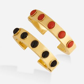 Pair of gold and gem-set cuff bracelets