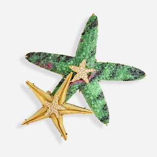 Ruby zoisite and diamond starfish brooch