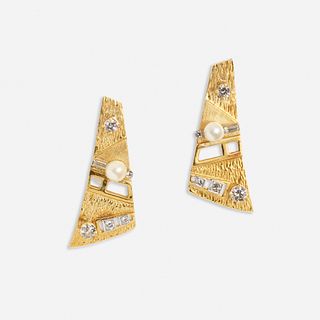 Gold, diamond, and cultured pearl earrings