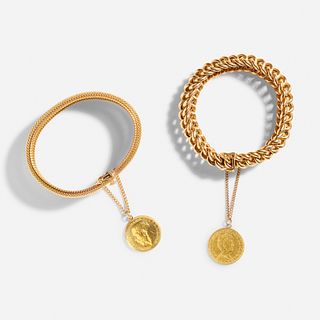 Two gold bracelets with coin charms