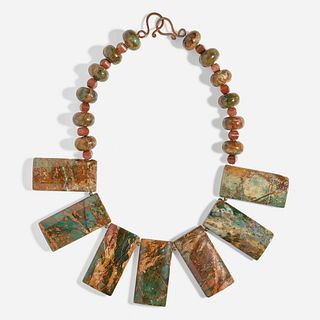 Jasper necklace with two cloisonne enamel bangle bracelets