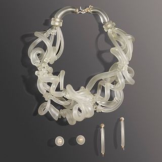 Tubular glass bead necklace and two pairs of earrings