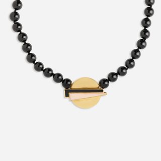 Black chalcedony bead, coral, and gold necklace