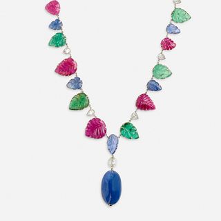 Carved ruby, sapphire, emerald and diamond sautoir necklace