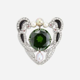 Art Deco green zircon, diamond and pearl brooch