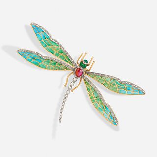 Art Nouveau plique-a-jour enamel dragonfly brooch