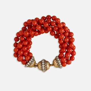 Five strand coral and diamond bracelet