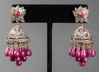 Antique 18K Gold & Silver Ruby & Diamond Earrings