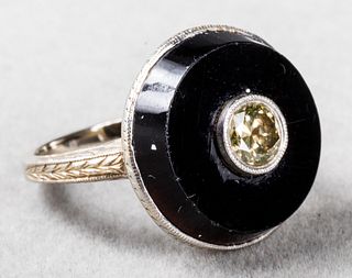 Art Deco 18K White Gold, Diamond & Onyx Ring