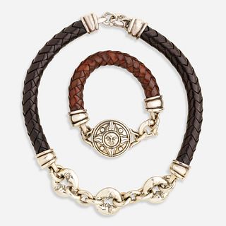 Barry Kieselstein-Cord, Sterling silver and leather necklace and bracelet