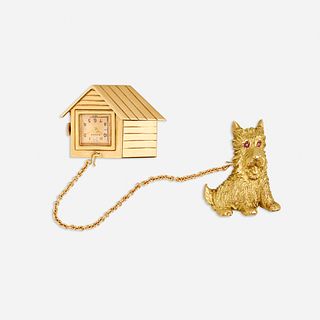 Gold dog and doghouse watch brooch