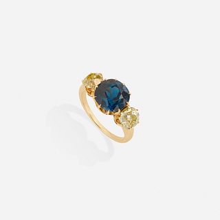 Antique blue spinel and colored diamond ring